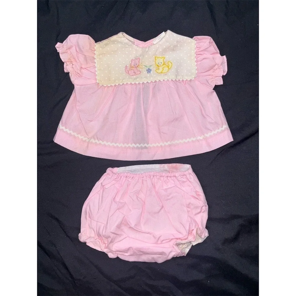 Carriage Boutique Cradle Togs Cats Baby Girls Pink Dress Top‎ Bloomers 60's 70's